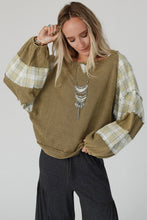 Load image into Gallery viewer, Plaid Patch Waffle Knit Exposed Seam Bubble Sleeve Top