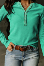 Load image into Gallery viewer, Trimmed Neckline Waffle Knit Henley Top