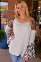 Load image into Gallery viewer, Leopard Sequin Patchwork Bell Sleeve V Neck Tunic Top