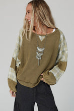 Load image into Gallery viewer, Plaid Patch Waffle Knit Exposed Seam Bubble Sleeve Top