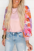 Load image into Gallery viewer, Light Pink Floral Print Balloon Sleeves Crew Neck Blouse
