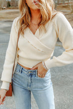 Load image into Gallery viewer, Beige Ribbed Long Sleeve Surplice Crop Sweater