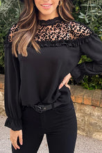 Load image into Gallery viewer, Black Leopard Mesh Splicing Ruffle Long Sleeve Blouse