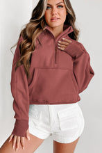 Load image into Gallery viewer, Brown Zip Up Stand Collar Ribbed Thumbhole Sleeve Sweatshirt