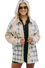 Load image into Gallery viewer, Khaki Distressed Raw Edge Plaid Patchwork Denim Jacket