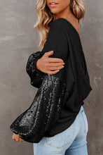 Load image into Gallery viewer, Black Sequin Patchwork Sleeve Open Back Waffle Knit Top