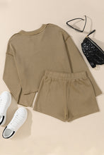 Load image into Gallery viewer, Khaki Exposed Seam Textured Long Sleeve Top Shorts Set
