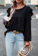 Load image into Gallery viewer, Black Lace Eyelet Ruffle Shoulder Long Sleeve Blouse