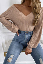 Load image into Gallery viewer, Khaki Knitted Jacquard V Neck Lantern Sleeve Top