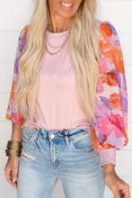 Load image into Gallery viewer, Light Pink Floral Print Balloon Sleeves Crew Neck Blouse
