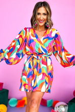Load image into Gallery viewer, Multicolor Abstract Printed Belted Puff Sleeve Mini Dress