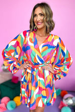 Load image into Gallery viewer, Multicolor Abstract Printed Belted Puff Sleeve Mini Dress