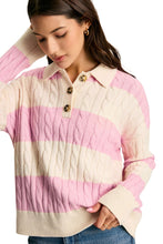 Load image into Gallery viewer, Pink Stripe Cable Knit Collared Henley Sweater