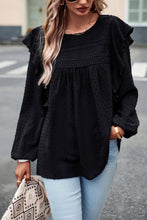 Load image into Gallery viewer, Black Lace Eyelet Ruffle Shoulder Long Sleeve Blouse