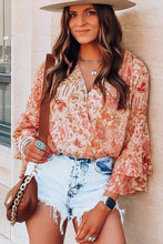 Load image into Gallery viewer, Orange Floral Print Ruffled Bell Sleeve V Neck Bodysuit

