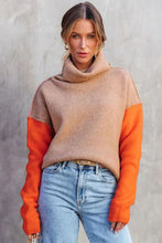 Load image into Gallery viewer, Khaki Color Block Turtle Neck Drop Shoulder Knit Sweater