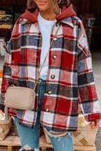 Load image into Gallery viewer, Red Hooded Plaid Button Front Shacket