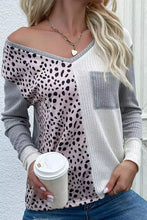Load image into Gallery viewer, Leopard Patchwork Ribbed Color Block V Neck Top
