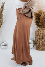 Load image into Gallery viewer, Brown Ribbed Patch Pocket Frill Waist Wide Leg Plus Pants