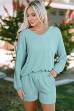 Load image into Gallery viewer, Mist Blue Corded V Neck Slouchy Top Pocketed Shorts Set
