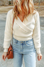Load image into Gallery viewer, Beige Ribbed Long Sleeve Surplice Crop Sweater