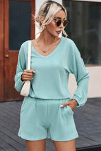 Load image into Gallery viewer, Mist Blue Corded V Neck Slouchy Top Pocketed Shorts Set