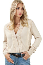 Load image into Gallery viewer, Apricot Lace Trim Ribbed Round Neck Button Up Cardigan