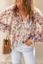 Load image into Gallery viewer, Boho Floral Print Split V Neck Bubble Sleeve Blouse