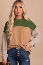 Load image into Gallery viewer, Green Color Block Long Sleeve Ribbed Loose Top