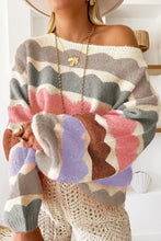 Load image into Gallery viewer, Gray Wave Striped Balloon Sleeve Drop Shoulder Sweater