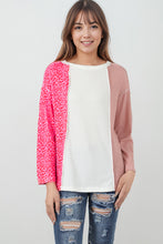 Load image into Gallery viewer, Pink Waffle Knit Exposed Seam Leopard Colorblock Print Top