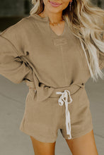 Load image into Gallery viewer, Khaki Exposed Seam Textured Long Sleeve Top Shorts Set
