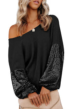 Load image into Gallery viewer, Black Sequin Patchwork Sleeve Open Back Waffle Knit Top