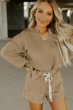 Load image into Gallery viewer, Khaki Exposed Seam Textured Long Sleeve Top Shorts Set