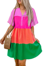 Load image into Gallery viewer, Multicolor Color Block Tiered Puff Sleeve Dress