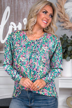 Load image into Gallery viewer, Floral Pleated Round Neck Long Sleeve Blouse