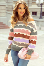 Load image into Gallery viewer, Gray Wave Striped Balloon Sleeve Drop Shoulder Sweater