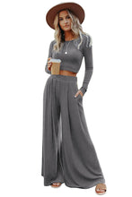 Load image into Gallery viewer, Gray Solid Color Ribbed Crop Top Long Pants Set