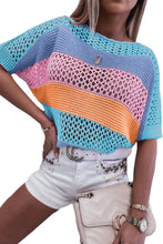 Load image into Gallery viewer, Knitted Eyelet Colorblock Striped Half Sleeves Top