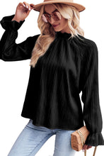 Load image into Gallery viewer, Black Frilled Mock Neck Ripple Bubble Sleeve Blouse