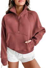 Load image into Gallery viewer, Brown Zip Up Stand Collar Ribbed Thumbhole Sleeve Sweatshirt