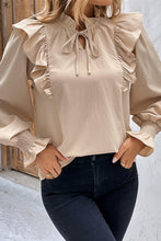 Load image into Gallery viewer, Khaki Ruffled Lace up Bubble Sleeve Blouse