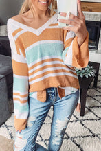 Load image into Gallery viewer, Multicolor Colorblock Stripe Long Sleeve Split Sweater
