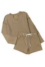 Load image into Gallery viewer, Khaki Exposed Seam Textured Long Sleeve Top Shorts Set