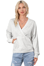 Load image into Gallery viewer, Gray Contrast Trim V Neck Wrap Sweatshirt with Pocket