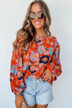 Load image into Gallery viewer, Red Floral Print Ruffle Puff Sleeve Blouse