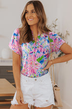 Load image into Gallery viewer, Abstract Floral Print Notch V Neck Rolled Short Sleeve Blouse