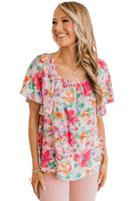 Load image into Gallery viewer, Multicolor Watercolor Floral Square Neck Ruffle Sleeve Blouse