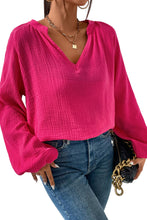 Load image into Gallery viewer, Rose Crinkle Split Neck Puff Sleeve Blouse