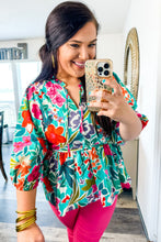 Load image into Gallery viewer, Multicolor Floral Tie Split Neck Plus Size Peplum Blouse
